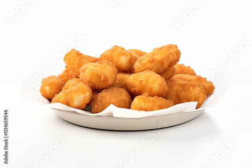 Close-up of high-quality, freshly prepared chicken poppers displayed on a clean white background, showcasing their crispy texture and appetizing appearance