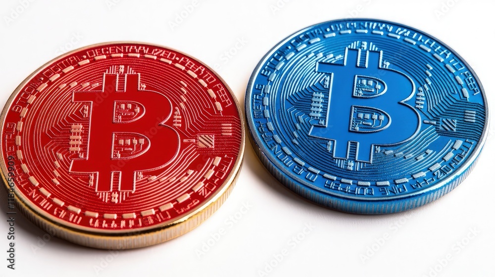 Two Bitcoin cryptocurrency coins, one red and one blue, lie on a white background. Two Bitcoin cryptocurrency coins, one red and one blue, lie on a white background.