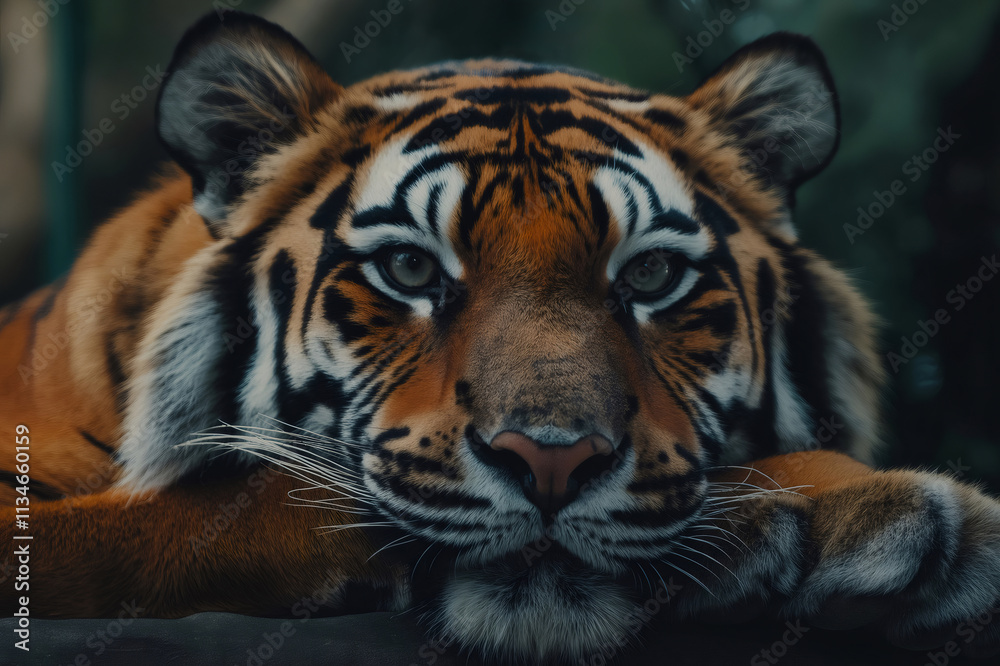 Close up of a magnificent tiger resting, showcasing its intense gaze and powerful presence in a natural environment Close up of a magnificent tiger resting, showcasing its intense gaze and powerful presence in a natural environment
