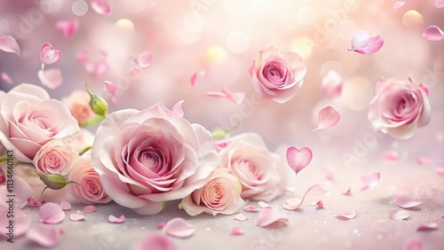 A delicate arrangement of pink roses and petals, with a soft and romantic glow, creating a beautiful floral backdrop.