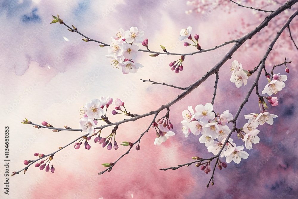 Cherry Blossom Branches Against a Watercolor Sky Cherry Blossom Branches Against a Watercolor Sky