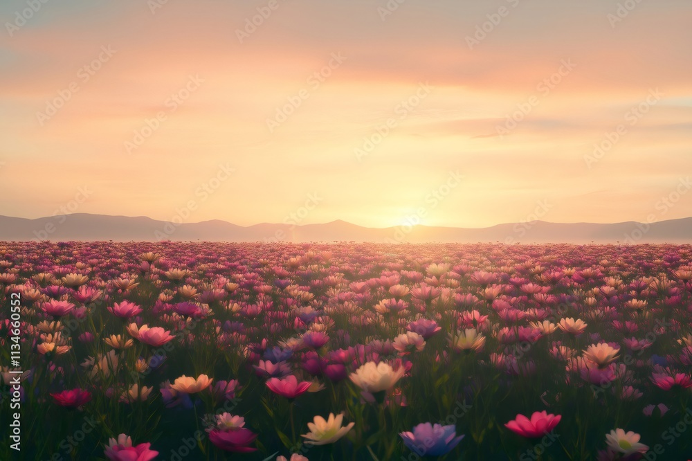 Obraz premium Colorful flowers blooming in a vibrant field at sunrise, creating a breathtaking landscape filled with beauty and serenity