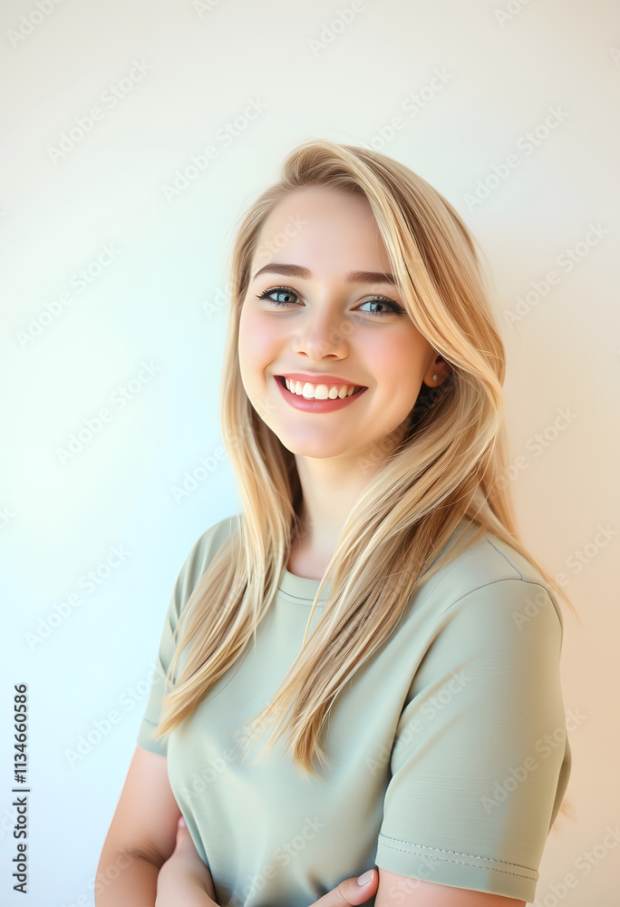 portrait attractive young blonde hair girl smiling beauty concept isolated pastel color wall background, vector style, with white tones