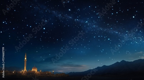 arabian nights city, enigmatic scene of an ancient arabian city under a starry night sky, featuring a grand mosque and an illuminated minaret, surrounded by a tranquil desert