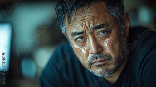 close up captures emotional employee displaying tears and solemn expression reflecting personal impact of losing job amidst office backdrop.