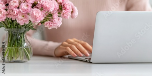 international womens day workspace, an asian businesswoman typing at a modern desk with a soft pink color palette, vase of flowers, and space for text ideal for international womens day