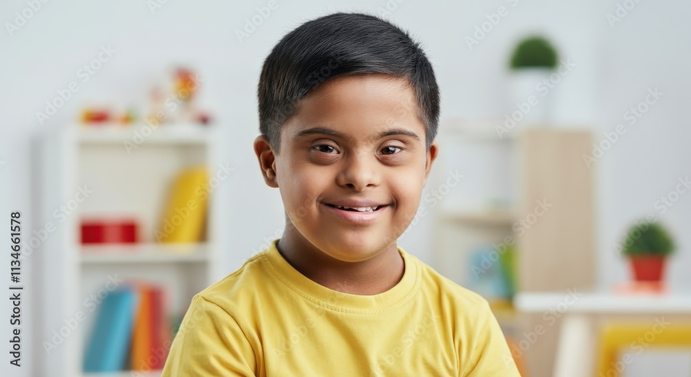 Smiling young latino boy in bright playful room for childhood and inclusivity themes Smiling young latino boy in bright playful room for childhood and inclusivity themes
