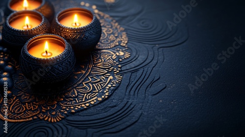 Burning Candles on Mandala, Dark Blue Decor