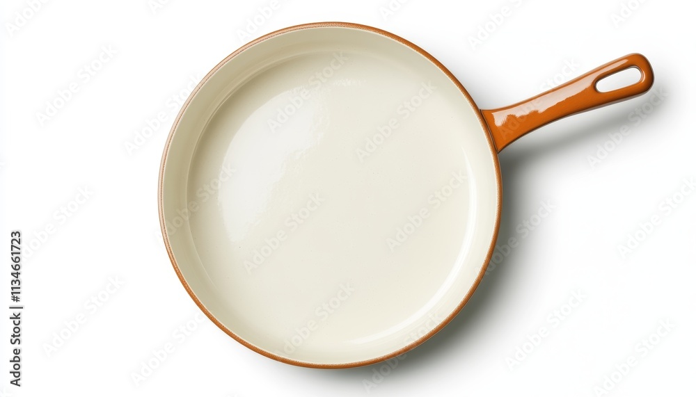 minimalist white pan with orange handle on white background minimalist white pan with orange handle on white background