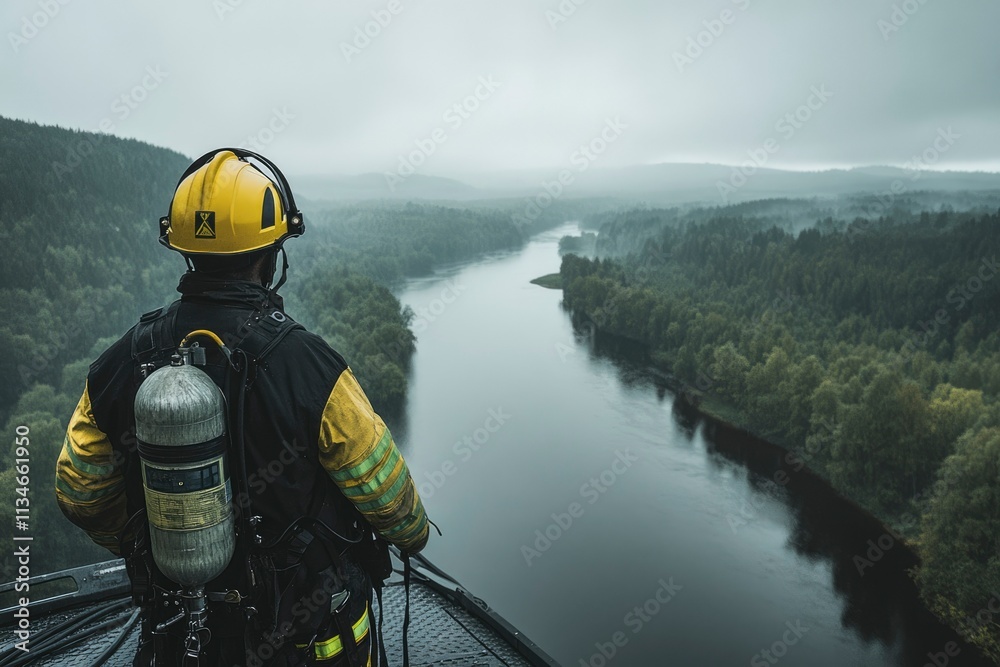 Firefighter overlooking a vast river valley landscape