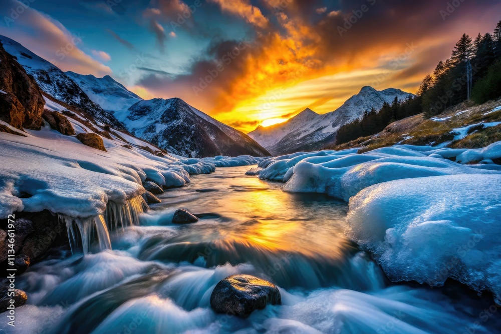 Obraz premium Melting ice silhouettes against the dramatic Valnontey torrent, a powerful Italian landscape.