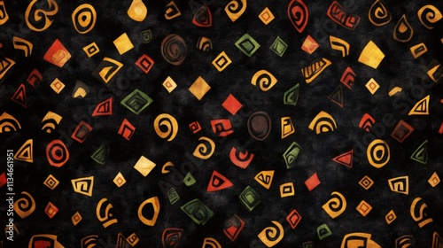 african unity design, modern african design with abstract shapes and tribal motifs in black, red, yellow, and green, symbolizing unity and heritage in a flowing pattern