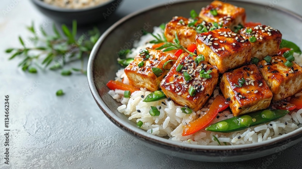 Crispy tofu cubes are sautéed colorful bell peppers broccoli snap peas and carrots in savory soy ginger sauce.