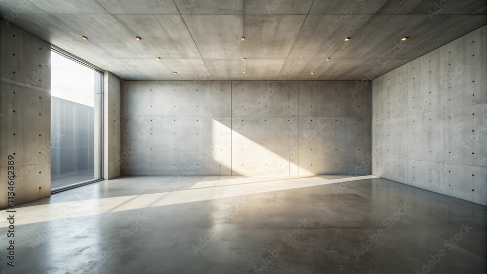 A minimalist concrete room with a large window allowing natural light to illuminate the empty space A minimalist concrete room with a large window allowing natural light to illuminate the empty space