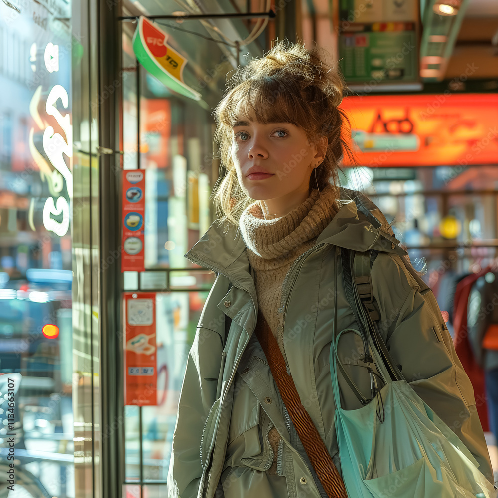 Woman is standing in front of a store window, wearing a grey jacket Woman is standing in front of a store window, wearing a grey jacket