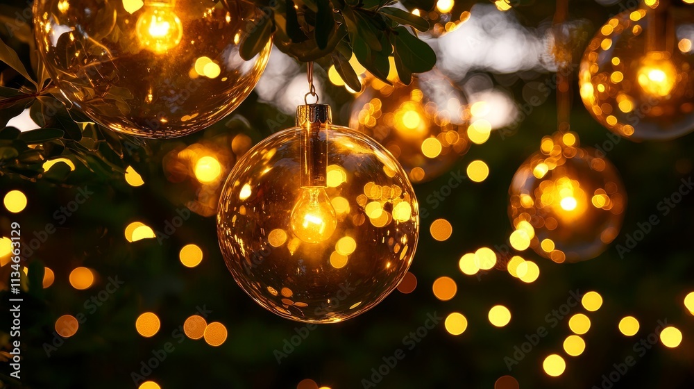 A close-up of glowing decorative orbs hanging in a garden, surrounded by warm bokeh lights, creating a festive and enchanting atmosphere. A close-up of glowing decorative orbs hanging in a garden, surrounded by warm bokeh lights, creating a festive and enchanting atmosphere.
