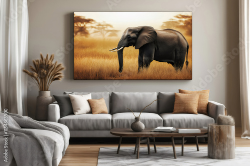 Large elephant canvas print adds a touch of wildlife to a sophisticated living room, creating a calming and nature inspired atmosphere photo