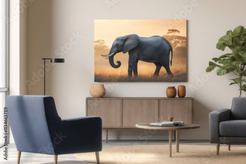 Canvas mockup featuring a majestic elephant walking in the golden savannah at sunset, displayed in a modern and stylish living room interior