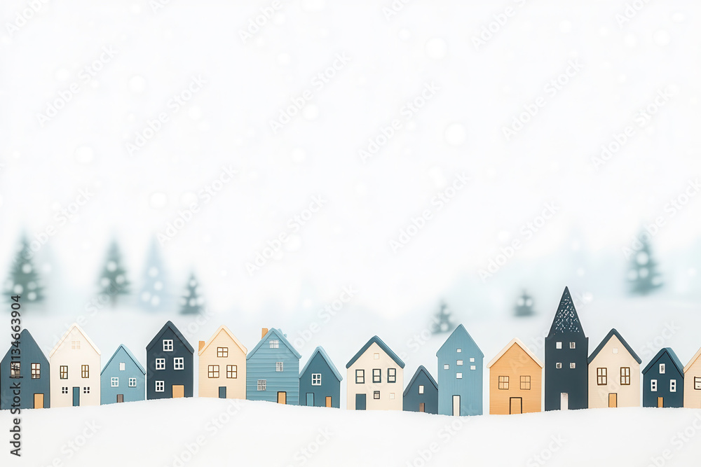 Whimsical illustration of snow-covered houses with frosty trees and a minimalist winter village design. Whimsical illustration of snow-covered houses with frosty trees and a minimalist winter village design.