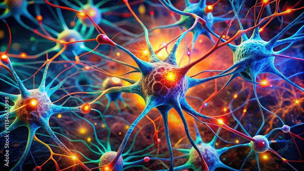 Naklejka premium Microscopic synapse and neuron activity visualized: a macro brain neural network illustration.