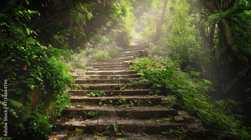 Enchanting Stone Steps Leading into a Sunlit Forest. Enchanting Stone Steps Leading into a Sunlit Forest.