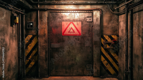 Industrial Metal Door Warning Sign Underground Bunker