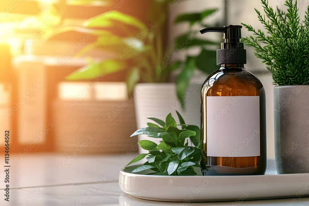 Amber bottle with blank label, surrounded by houseplants, on a tray. Amber bottle with blank label, surrounded by houseplants, on a tray.