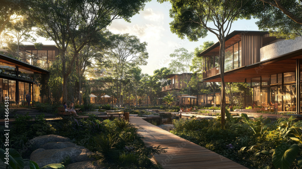 Lush Tropical Village: Tranquil Architecture, Wooden Buildings, Green Foliage Lush Tropical Village: Tranquil Architecture, Wooden Buildings, Green Foliage