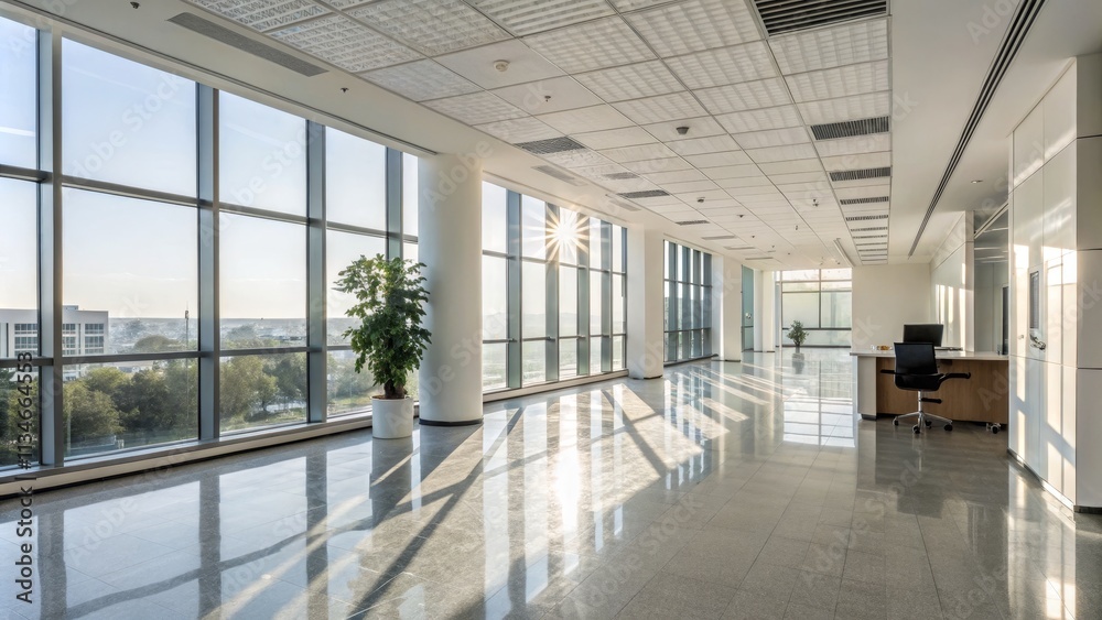 Obraz premium Sunlit Modern Office Corridor Floor-to-Ceiling Windows, Polished Floor, Minimalist Design, Office Interior Office Design, Modern Architecture