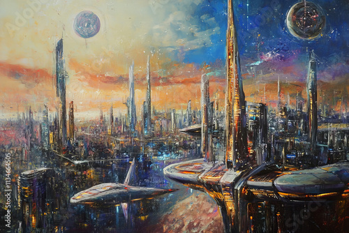 Futuristic Cityscape: Spacial Towers and Flying Vehicles photo