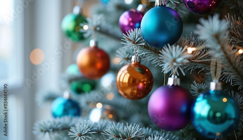 Close-up of a Christmas Tree Decorated with Colorful Balls and Shiny Lights next to the white window in the living room of a house.