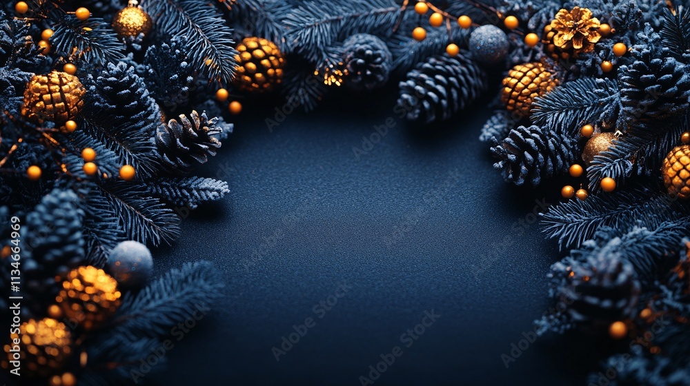 Dark Blue Christmas Background with Pine Cones & Gold
