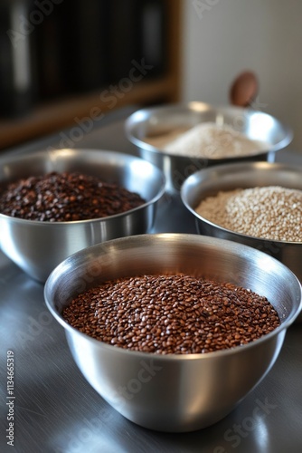 Metal bowls filled with various types of seeds and grains