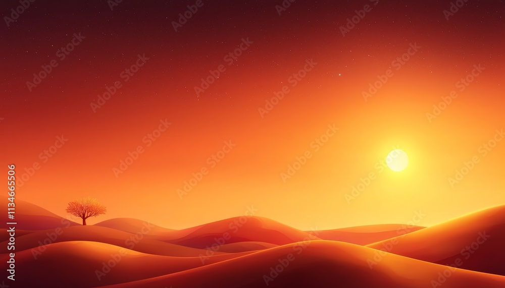 A serene desert landscape at sunset, featuring gentle sand dunes and a lone tree silhouetted against the warm, glowing horizon. A serene desert landscape at sunset, featuring gentle sand dunes and a lone tree silhouetted against the warm, glowing horizon.