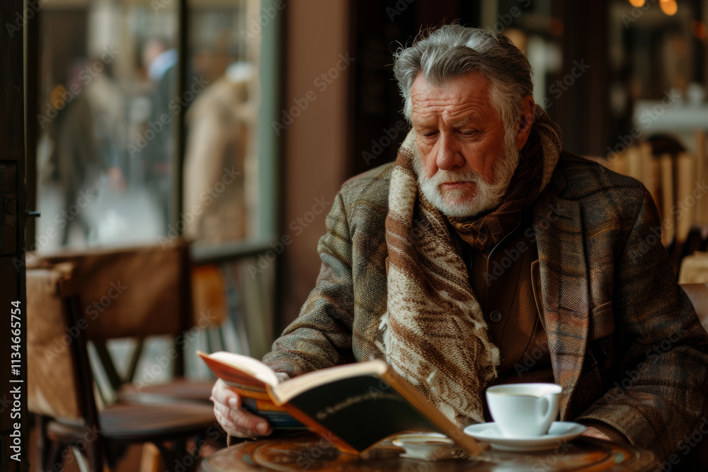 Elderly man reading in cozy cafe with warm scarf and coffee Elderly man reading in cozy cafe with warm scarf and coffee