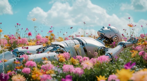 robot resting in blooming field