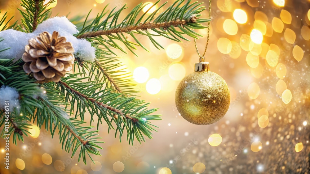 A Golden Ornament Hangs From a Pine Branch Covered in Snow, with a Bokeh Background of Golden Lights A Golden Ornament Hangs From a Pine Branch Covered in Snow, with a Bokeh Background of Golden Lights