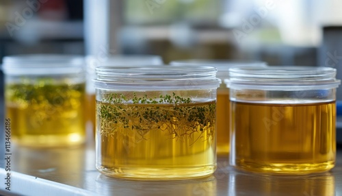 Glass Jars Containing Yellow Liquid And Small Plants