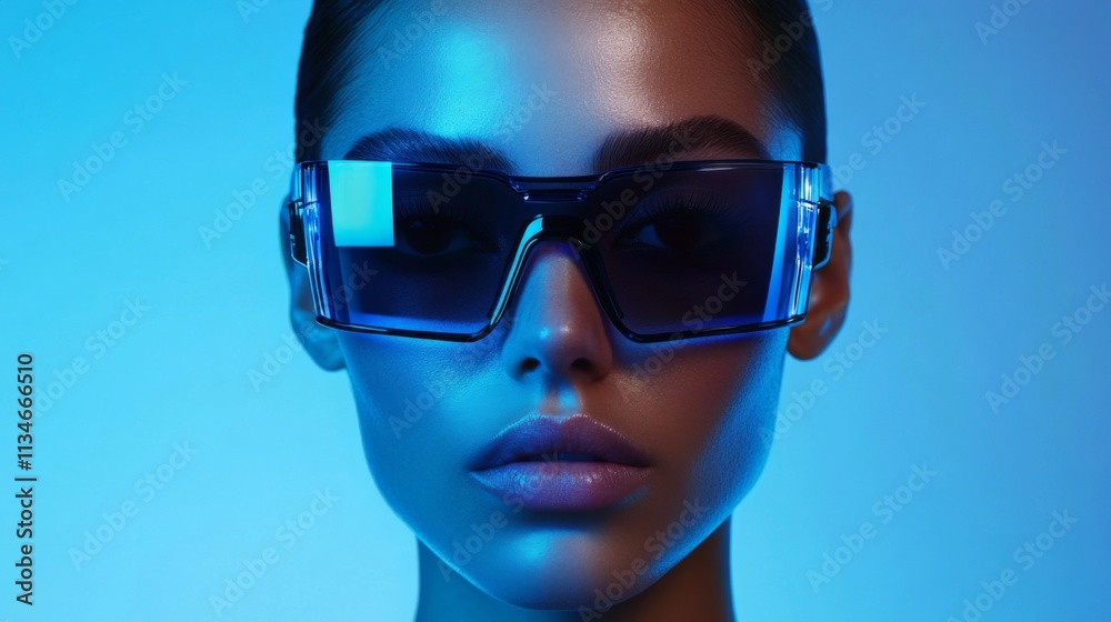 Stylish woman in blue-tinted sunglasses and modern fashion Stylish woman in blue-tinted sunglasses and modern fashion