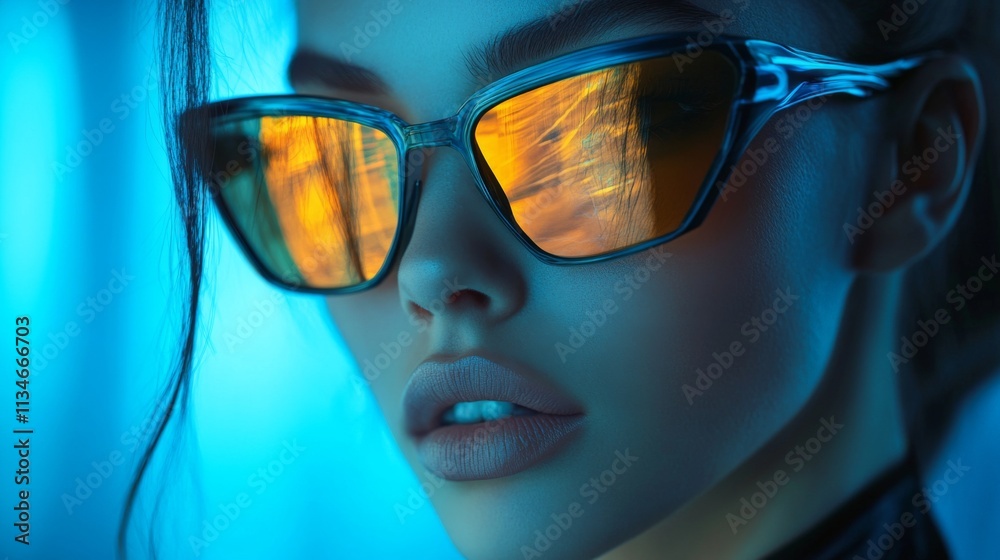 Stylish woman wearing reflective sunglasses with a neon blue background