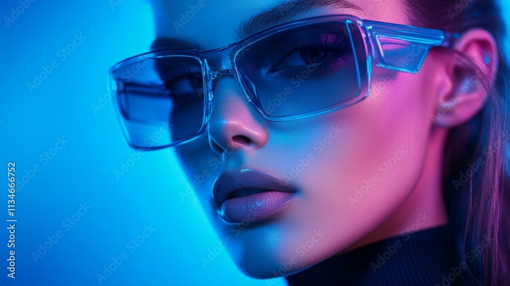 Portrait of a stylish woman in futuristic sunglasses with a neon blue glow Portrait of a stylish woman in futuristic sunglasses with a neon blue glow