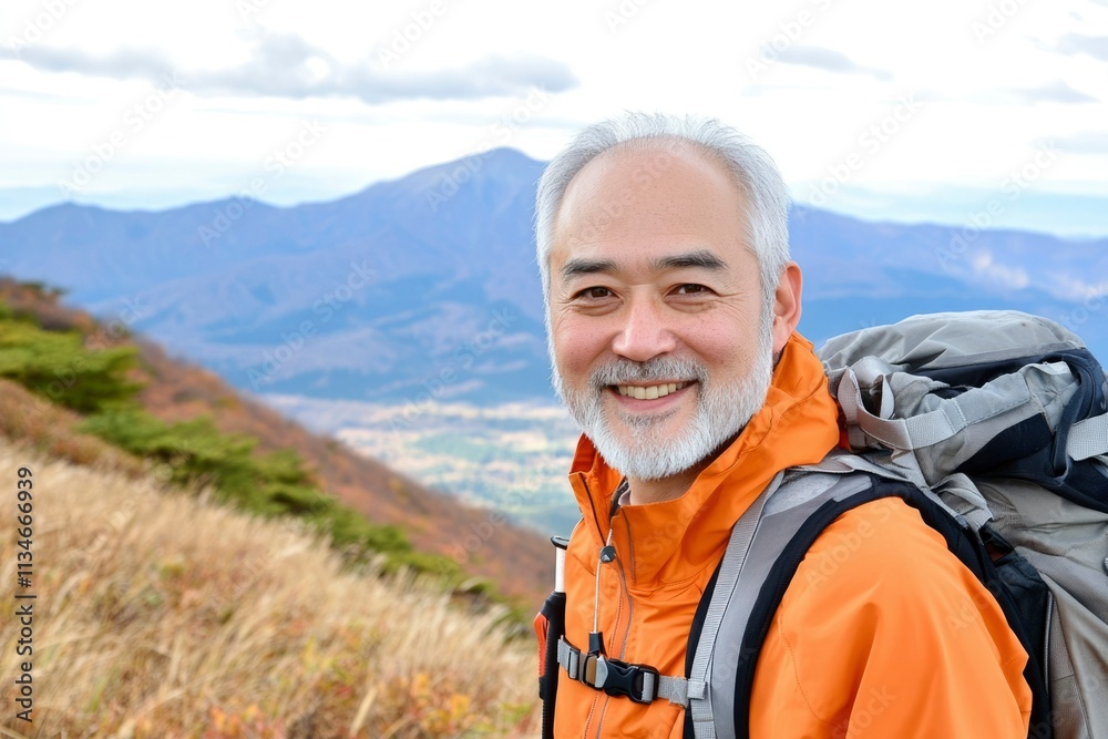 Happy Senior Hiker Smiles Amidst Mountain Scenery Happy Senior Hiker Smiles Amidst Mountain Scenery