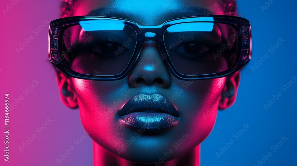 Close-up portrait of a woman in oversized black futuristic sunglasses Close-up portrait of a woman in oversized black futuristic sunglasses