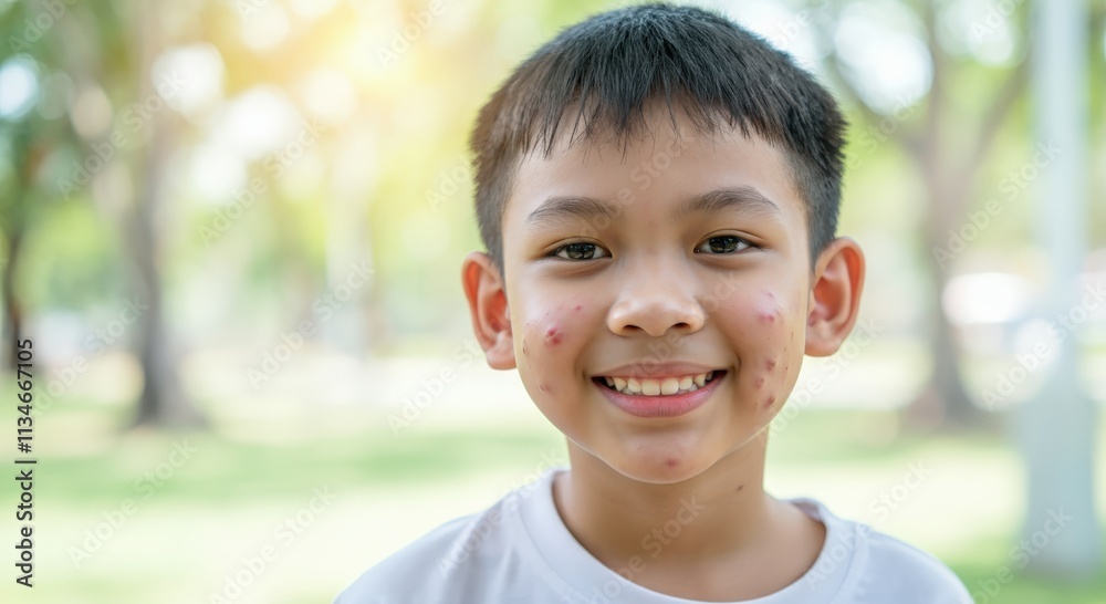 Asian child smiling outdoors with acne in sunlit park setting Asian child smiling outdoors with acne in sunlit park setting