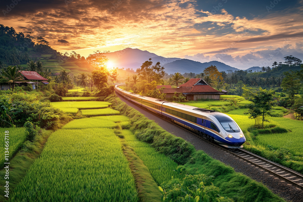 Fototapeta premium A high-speed train racing through lush green paddy fields with golden sunlight reflecting off the train with copy space. Soft warm light.