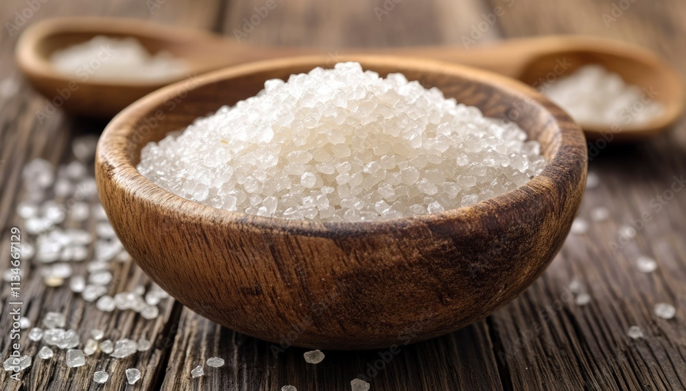Wooden bowl filled with coarse white salt crystals Wooden bowl filled with coarse white salt crystals