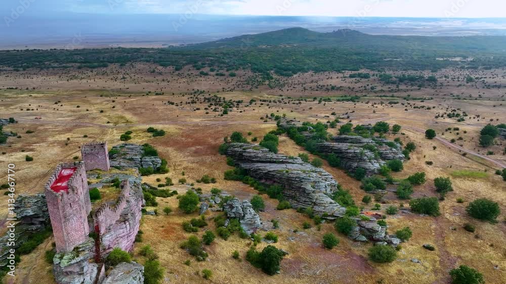 Landscape at the castle of Zafra (12th century). Municipality Campillo Dueñas. Aerial view from drone. Molina Alto Tajo Geopark. Alto Tajo Natural Park. Guadalajara. Castilla la Mancha. Spain. Europe