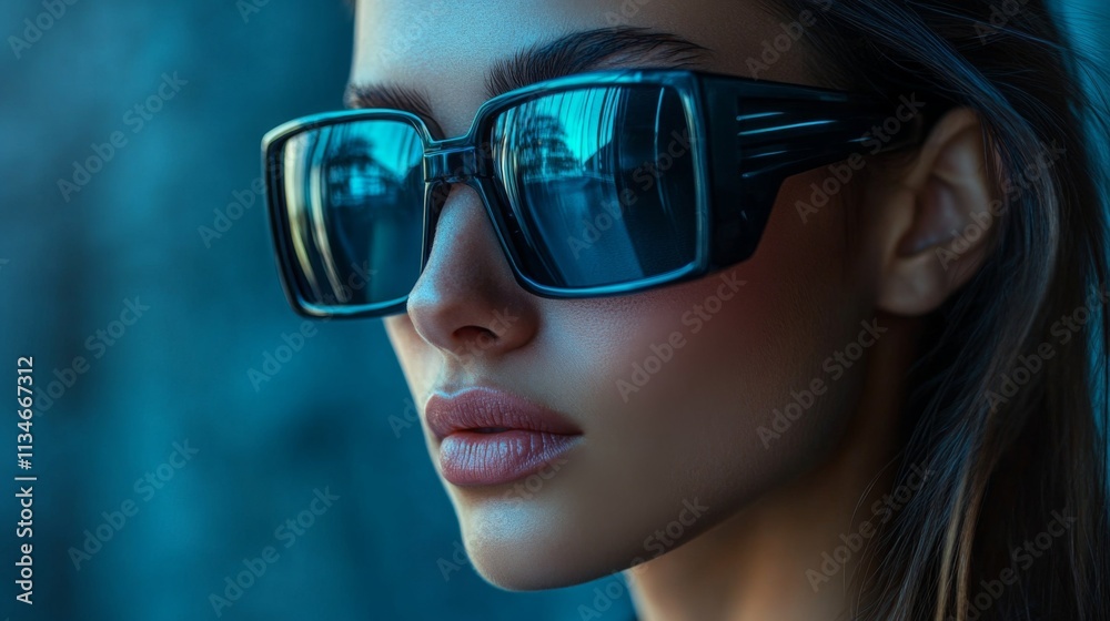 Side profile of a woman in sleek futuristic blue sunglasses Side profile of a woman in sleek futuristic blue sunglasses