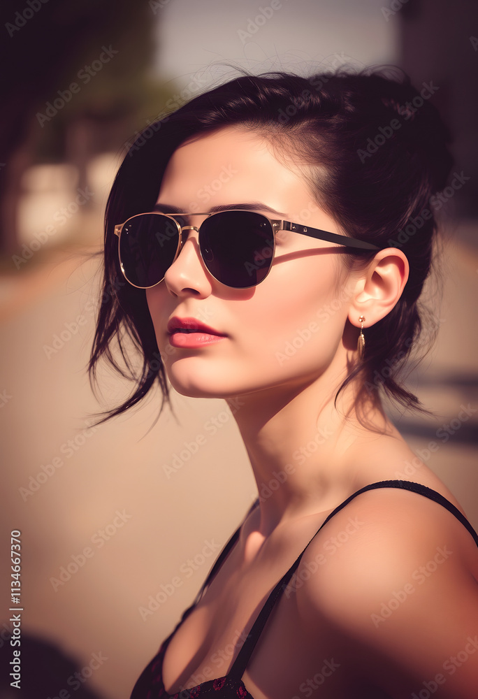 Nostalgic young beauty wearing sunglasses, silhouette, with white tones Nostalgic young beauty wearing sunglasses, silhouette, with white tones