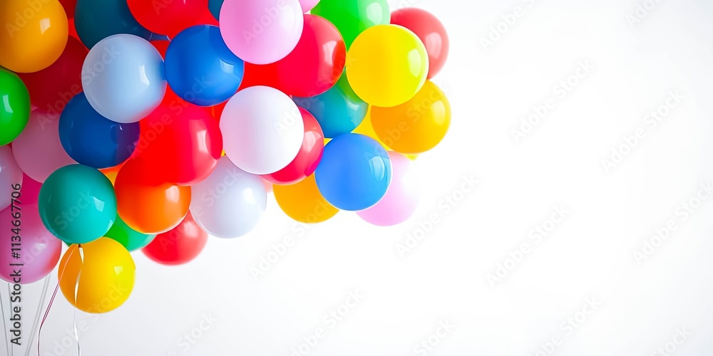 A jubilant cluster of colorful balloons floats against a bright white background, perfect for celebratory designs. A jubilant cluster of colorful balloons floats against a bright white background, perfect for celebratory designs.